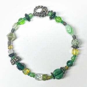 Handcrafted Greens with Metal, Dragonfly, Glass Beaded Bracelet ~ 6.5” long